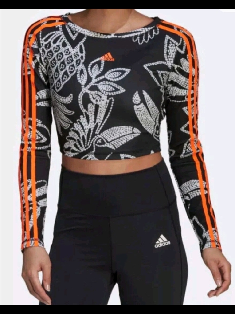 Farm Rio didas Black White Floral Crop Top Orange Stripes Size XL Athleisure